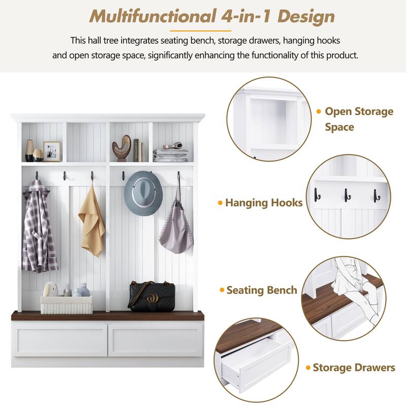 Farmhouse 4-in-1 Hall Tree with Bench, 2 Drawers & Coat Rack for Entryway