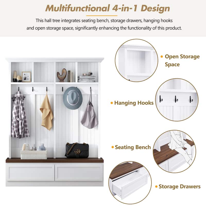 Farmhouse 4-in-1 Hall Tree with Bench, Versatile Coat Rack with 2 Large Drawers and 6 Black Hooks for Hallway, Living Room