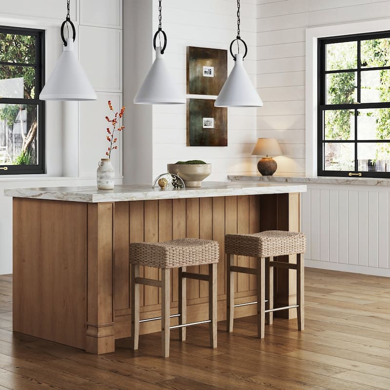 Harvey Rattan Bar Stool, Bohemian Counter Height Stool with Woven Seagrass Seat, Solid Wood Legs, and Metal Footrest