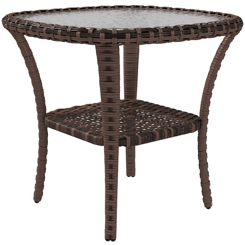 Outdoor Rattan Coffee Table with Storage Shelf, Wicker Side Table with Glass Top -  Mix Brown