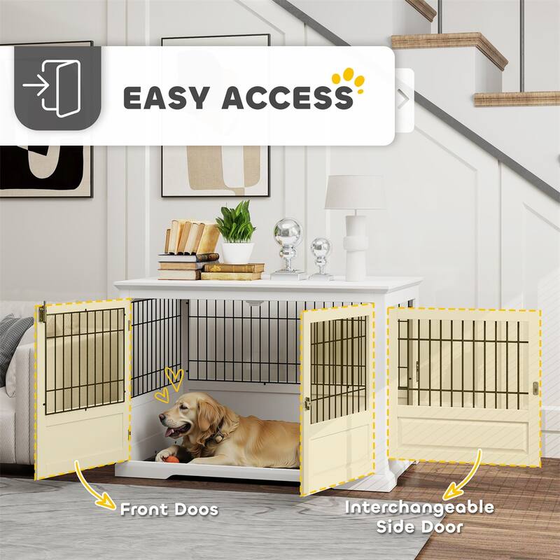 White MDF and Steel Extra Large Dog Crate with Three Doors Full-View Design Side Table Function and Removable Tray