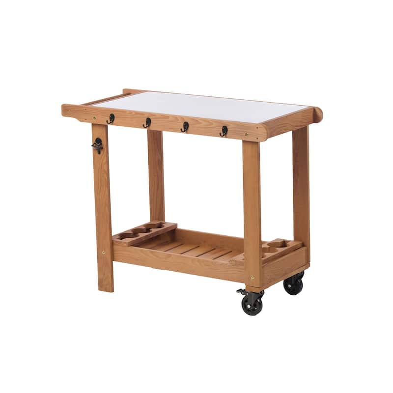 Outdoor Wooden Garden Cart Table with Wheels, Metal Top and Storage Hook, for Patio Backyard Garden