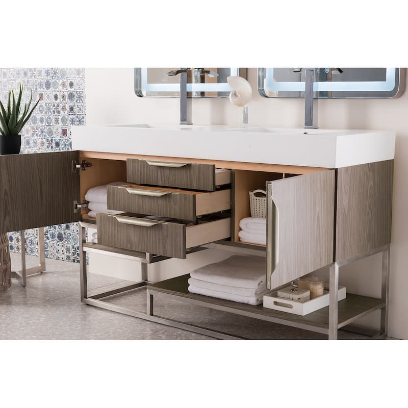 James Martin Vanities Columbia 59" Double Vanity, Ash Gray with Brushed Nickel Hardware