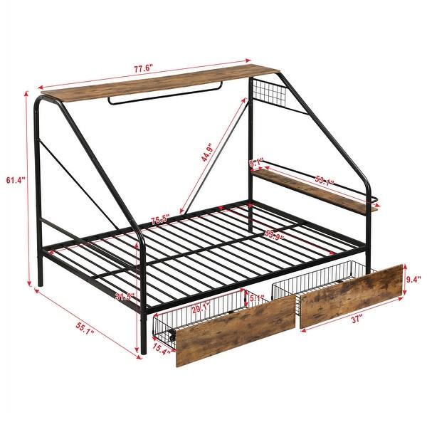 dimension image slide 1 of 2, Metal Frame Platform Bed With Clothes Rack, Storage Shelves And 2 Drawers