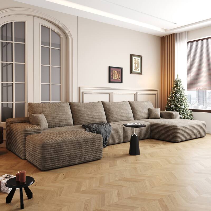 Floor Standing Chaise Lounge Couch Corduroy Upholstered Sectional Sofa Living Room Modular Deep Seat Sofa with Ottoman - Camel
