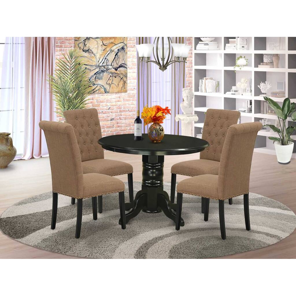 HomeStock 5-Piece Round Black Finish Solid Wood Top Dining Table with 4 Parson Chair with Lattice Back
