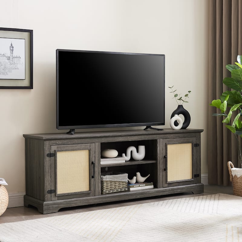 Antique Gray 65" TV Stand with Shelves & Rattan Doors for TVs Up to 70"
