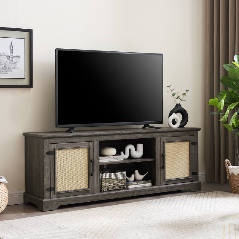 Farmhouse Rattan TV Stand Console Table for TVs up to 70 In