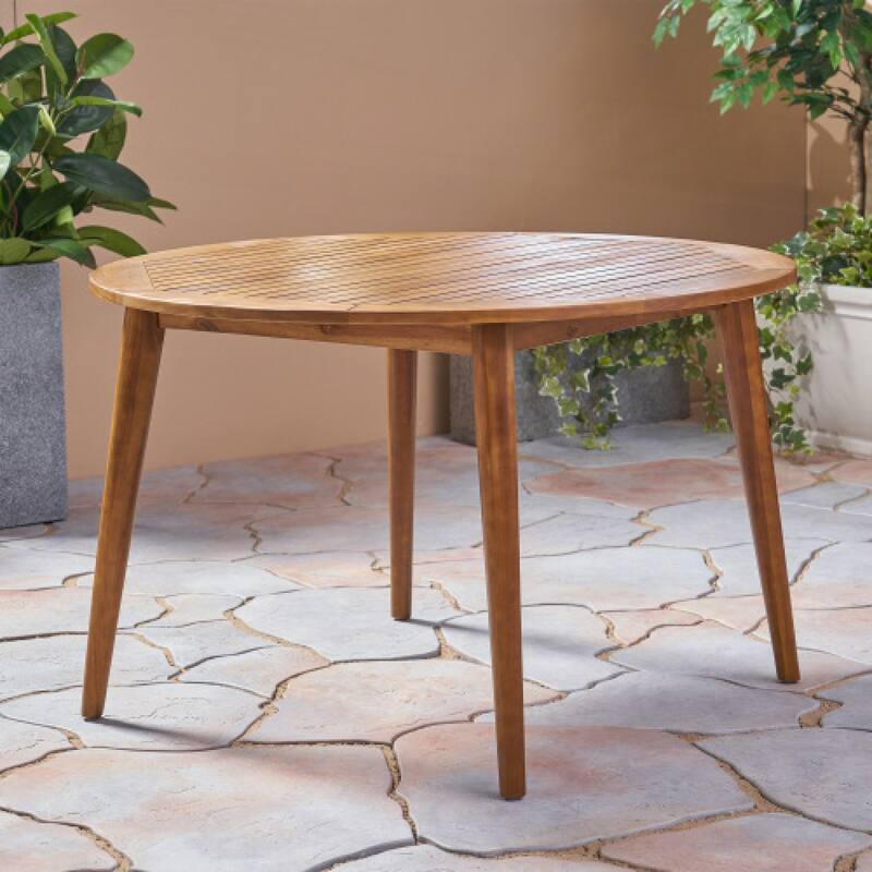 Roomfitters 47.25" Round Acacia Wood Outdoor Dining Table with Slatted Top and Tapered Legs Modern Patio Furniture, Teak