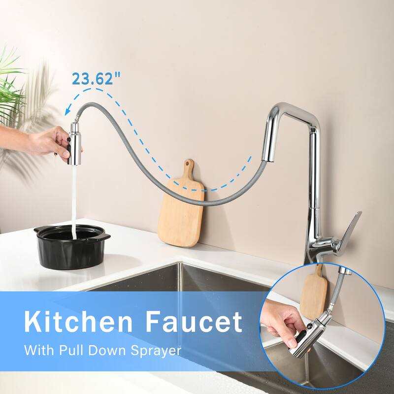 Professional Kitchen Faucet - 3 Function 360 Sprayer, One Touch Switching & Fast Connect​