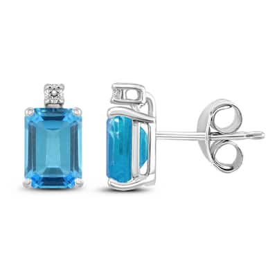 Marquee 14K White Gold 7x5MM Emerald Shaped Blue Topaz and Diamond Earrings
