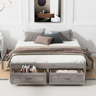 Sleek Design Queen Size Platform Bed with 6 Storage Drawers, Wooden Bed Without Headboard, Antique Gray