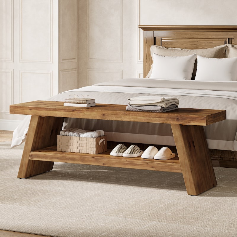 Solid Wood Entryway Bench, 2-Tier Shoe Bench with Open Shelves
