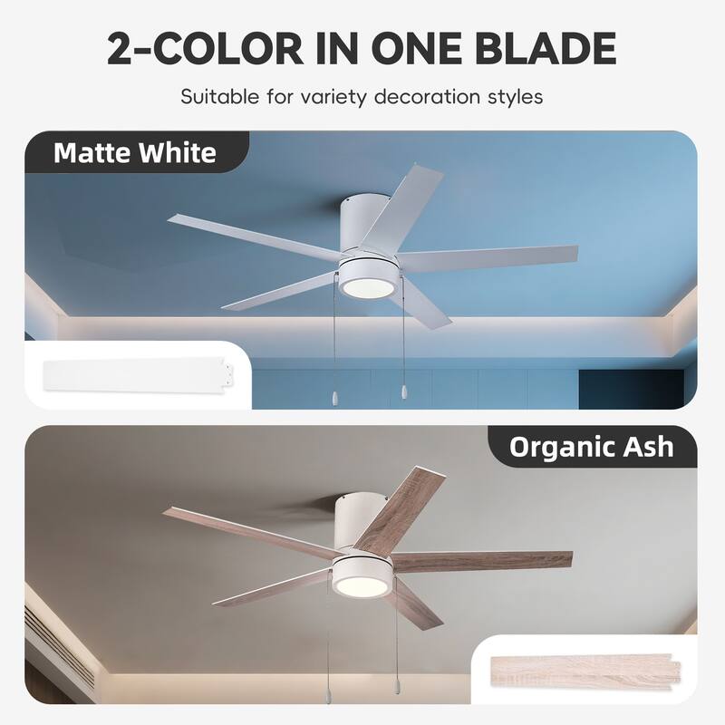 52 in. Indoor Flush Mount Ceiling Fan with 5 Blades & 18W 3CCT LED - 3 Finish Options, Pull Chain Control