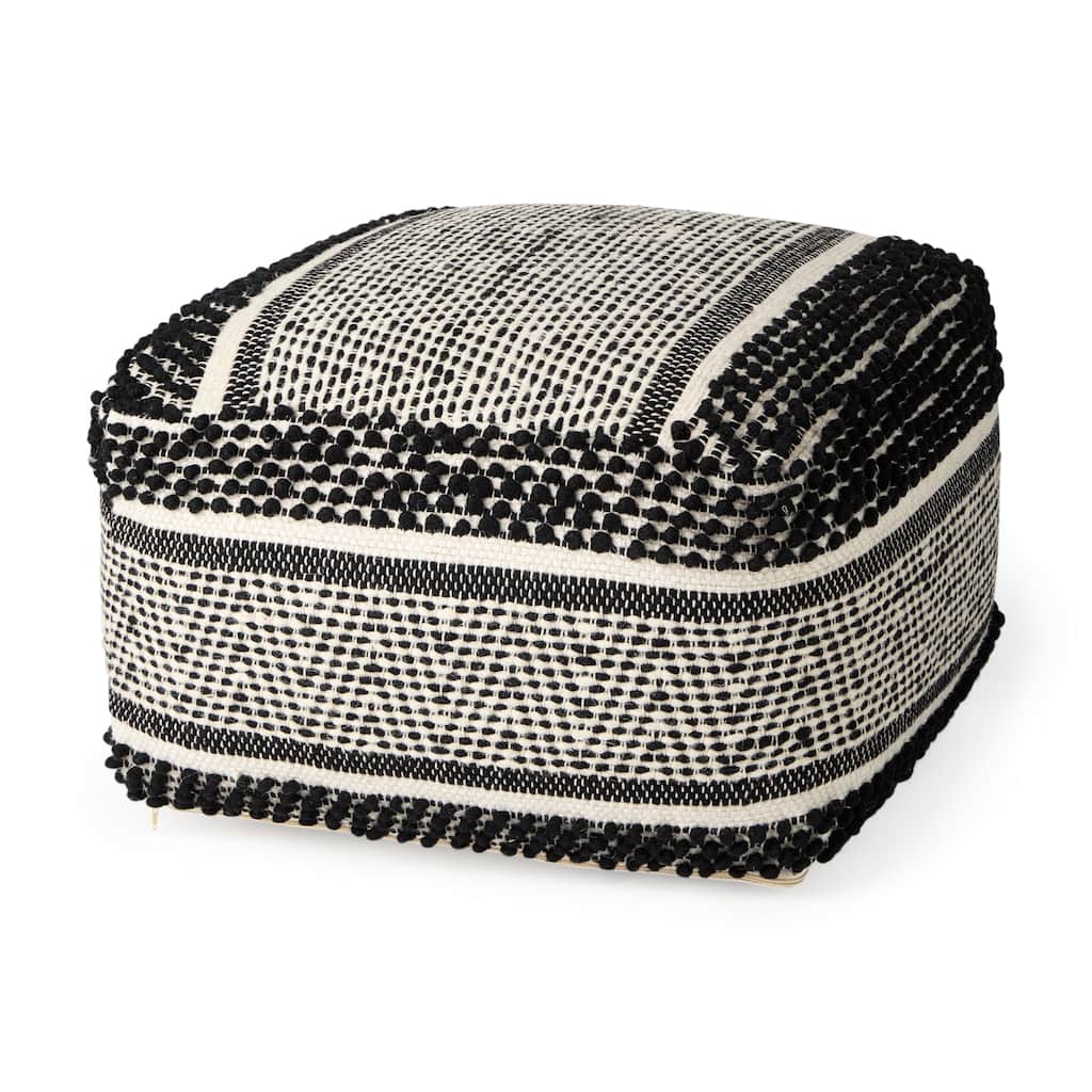 Mercana "Garima" Black & White Wool / Cotton Patterned Square Pouf