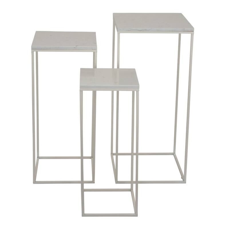 Plant Stand Table Set of 3, White Marble, Metal Frames, Square Tops