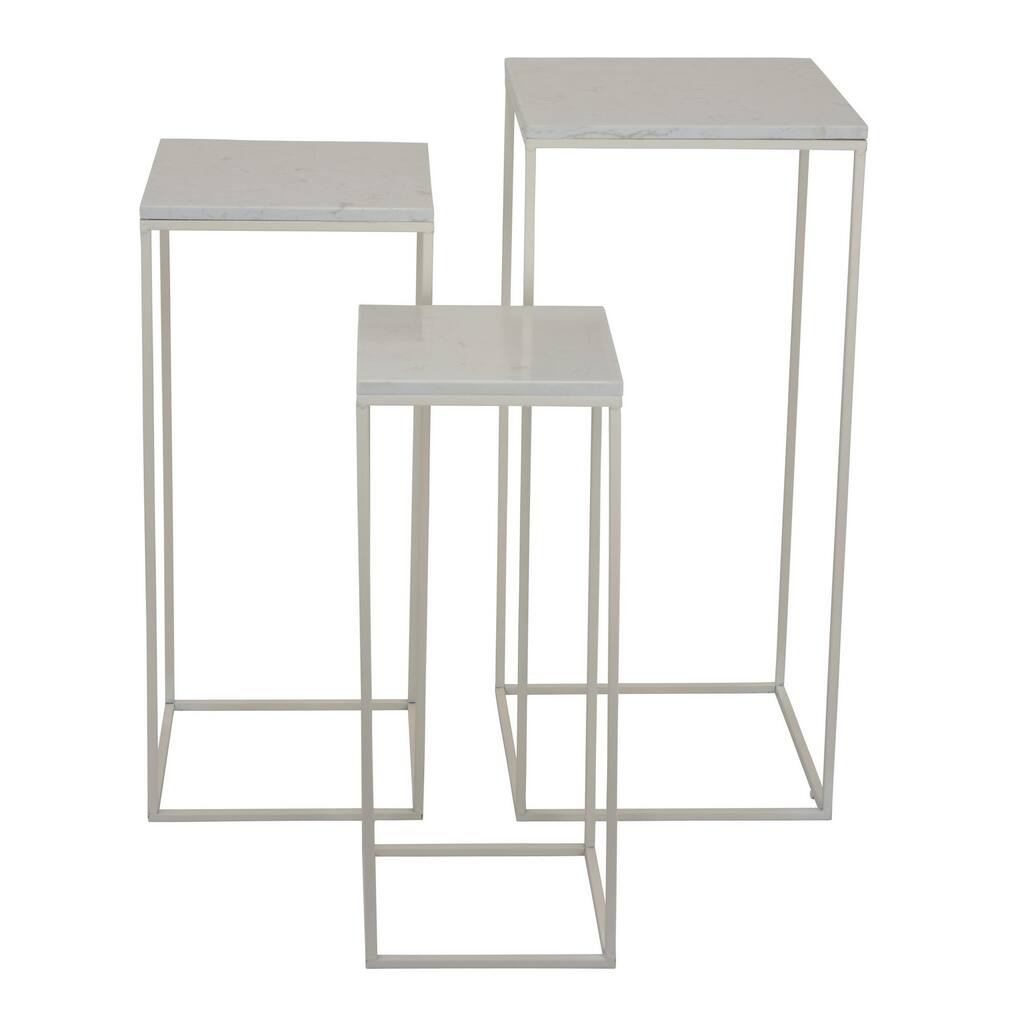 Plant Stand Table Set of 3, White Marble, Metal Frames, Square Tops