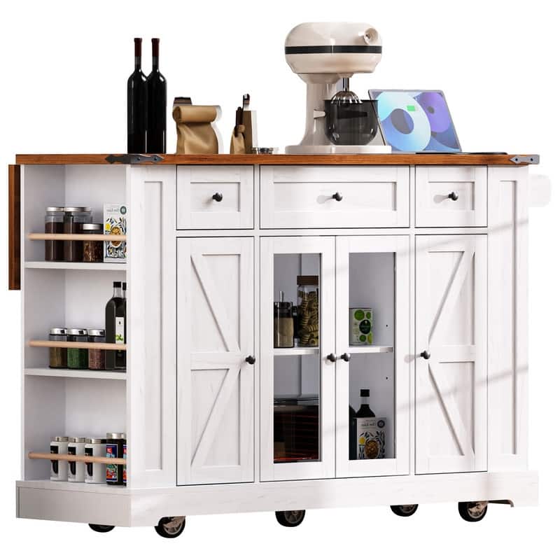 Farmhouse 53" Rolling Kitchen Cart on Wheels with Drop Leaf and Built-in Power Outlet