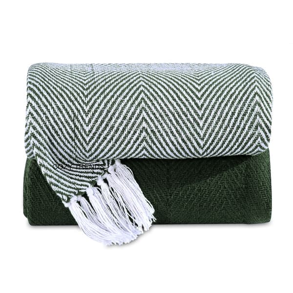 slide 2 of 4, Cotton Throw Blankets All-Season Medium Weight | Set of 2 | Chevron Design (50''x60'') Green