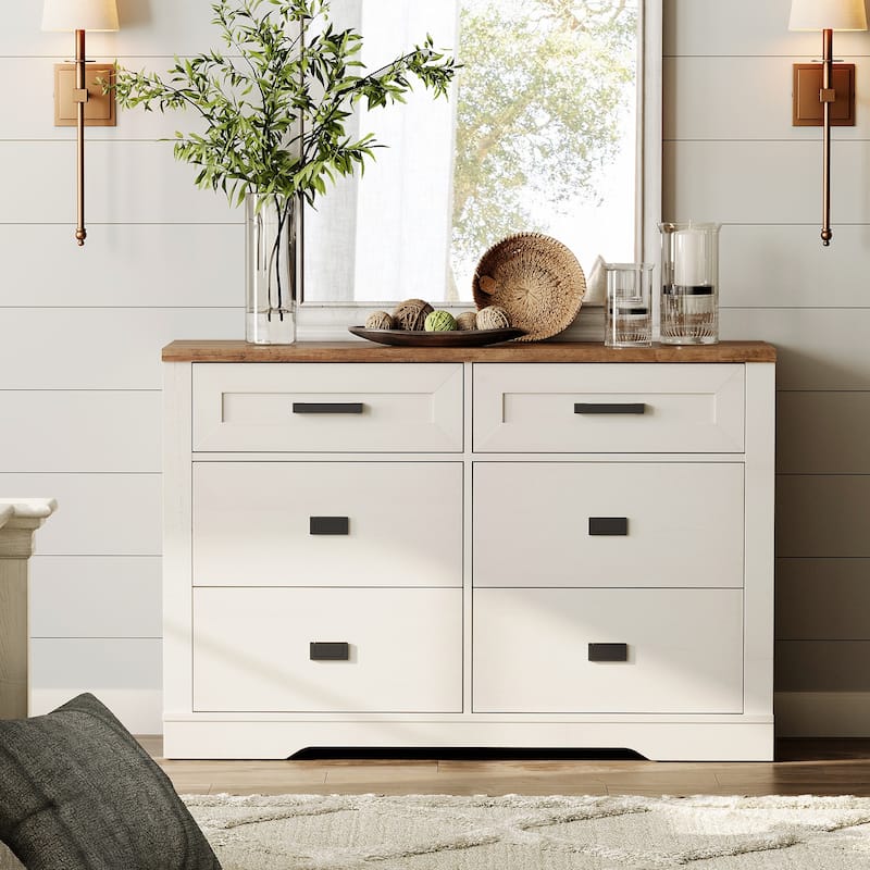Wooden Dresser for Bedroom with 6 Drawers, 2 in 1 12 Drawer Farmhouse Storage Cabinet - Antique White - 6-drawer