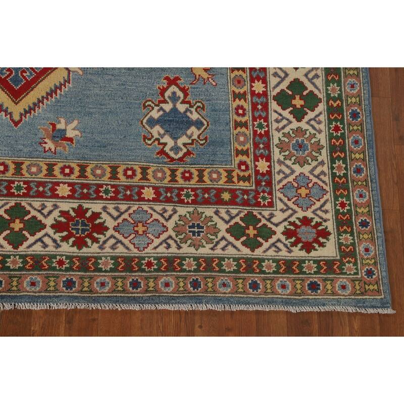 Blue Geometric Kazak Area Rug Hand-Knotted Traditional Wool Carpet - 6'8" x 9'9"