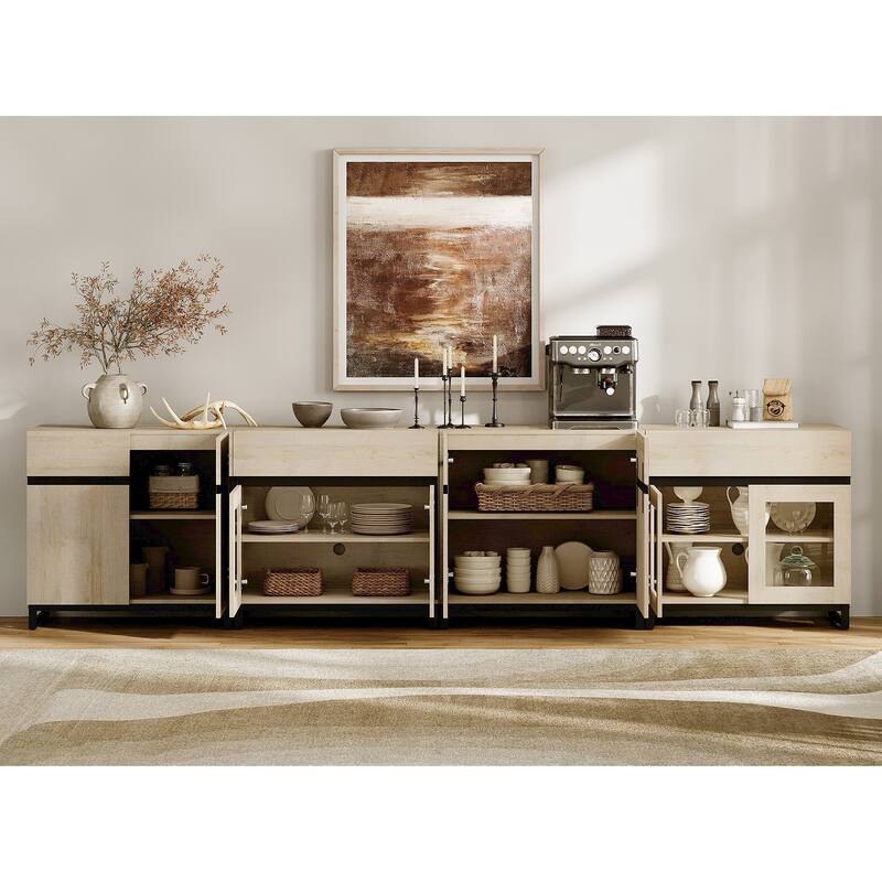 Modern 4-in-1 TV Stand for 120" TVs, Console with Glass Doors & 2 Drawers, Adjustable Shelf