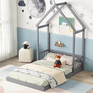 Full Size Roof-Framed Headboard Floor Bed with Guardrails, House-Style Design for Cozy and Safe Sleep