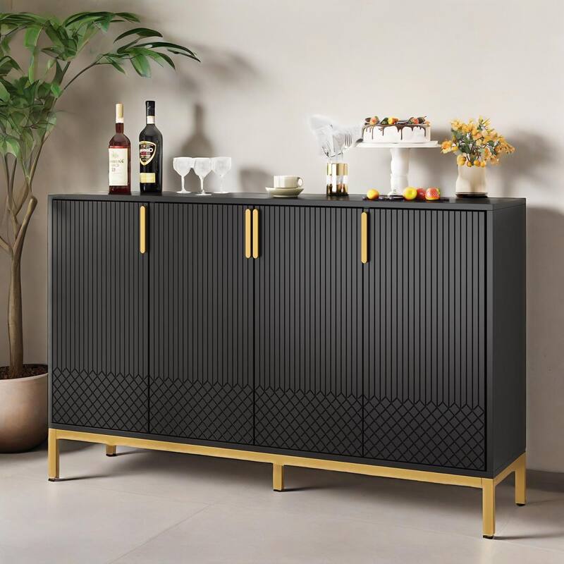 Modern MDF Buffet Sideboard Cabinet with 4 Doors and Metal Legs for Kitchen Dining or Living Room - 59"L x 13.7" W x 35.5" H