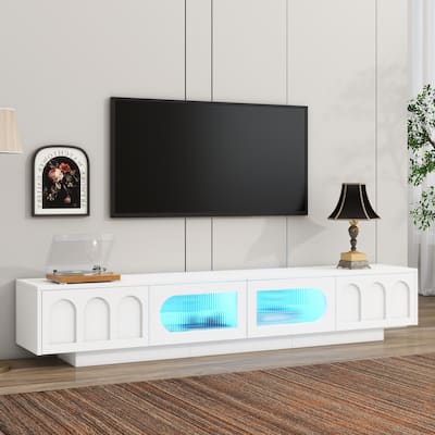 Functional TV Stand with Geometric Fluted Glass Doors, APP-Controlled LED Lighting for TVs Up to 95", Storage Cabinet & Drawers