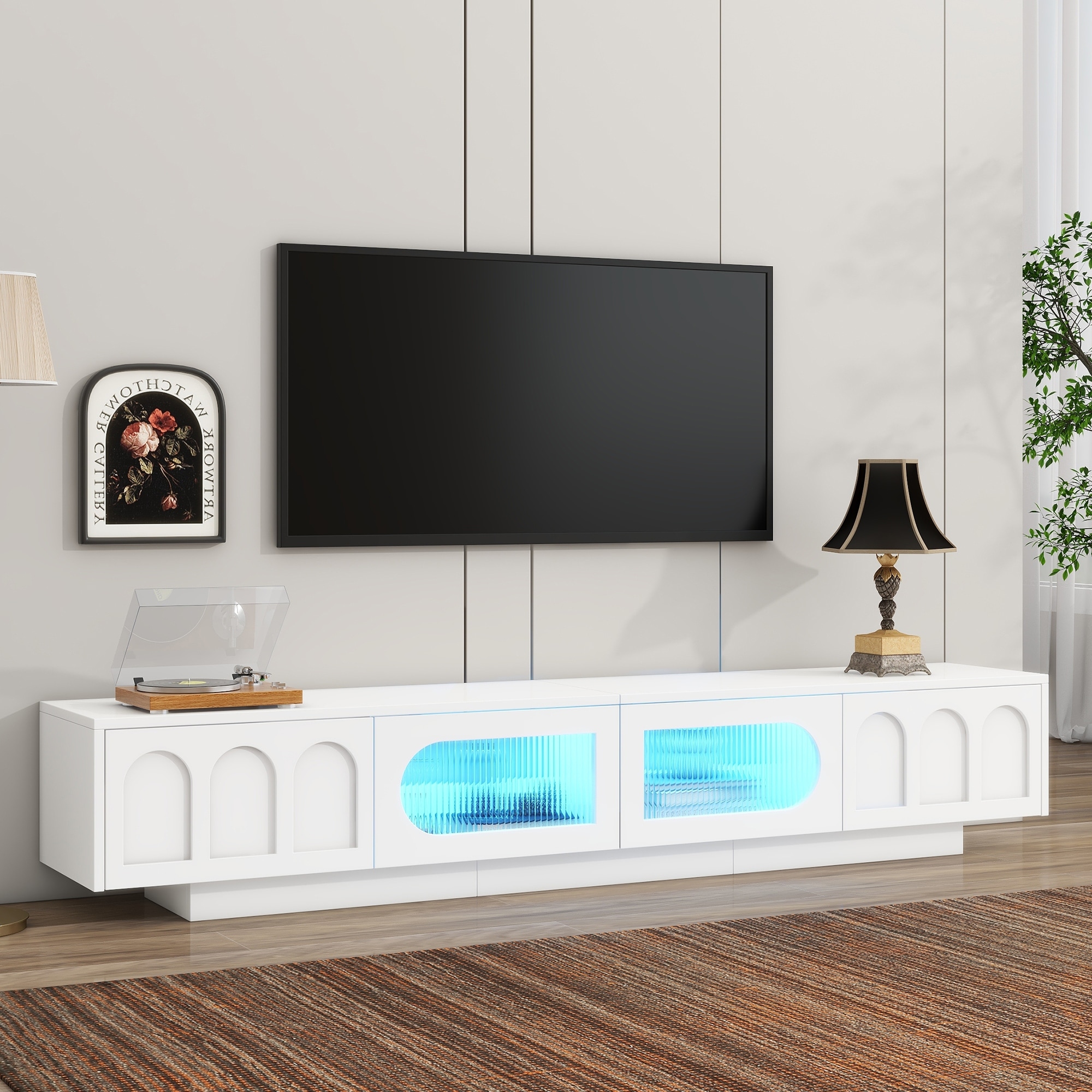 Modern TV Cabinet LED TV Cabinet with Fluted Arched Tempered Glass Doors, 2 Drawers and 2 Cabinets, for Living Room, White