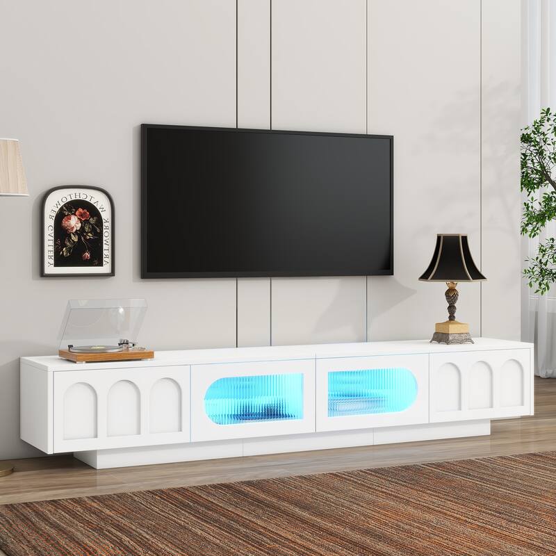 Modern TV Cabinet LED TV Cabinet with Fluted Arched Tempered Glass Doors, 2 Drawers and 2 Cabinets, for Living Room, White - White