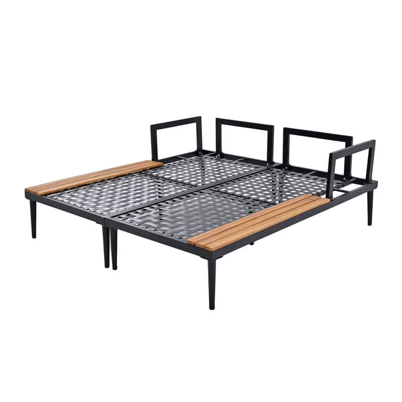 Modern Outdoor Patio Metal Daybed with Wood Topped Side Spaces