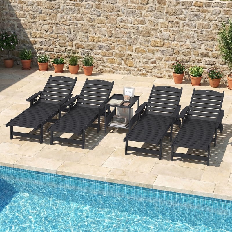 HDPE Wood Grain Outdoor Chaise Lounge Set of 2, 6-Position Adjustable Sun Lounger with Casters & Cup Holder, for Patio