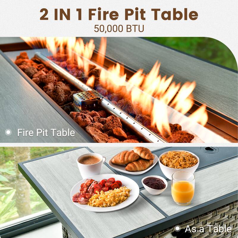 HOOOWOOO 10-piece Outdoor Wicker Wide Arm Patio Furniture Set with Fire Pit