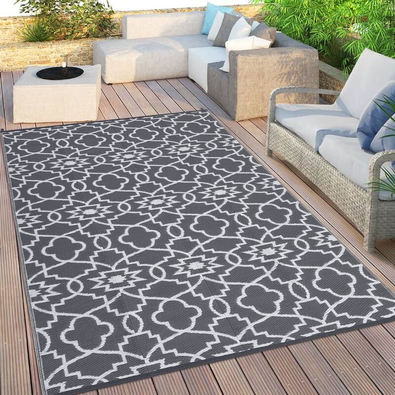 Outdoor Plastic Straw Rug Geometric Waterproof Reversible Area Rug for Patio Backyard Picnic Camp Beach - 9'x12' - Gray/White