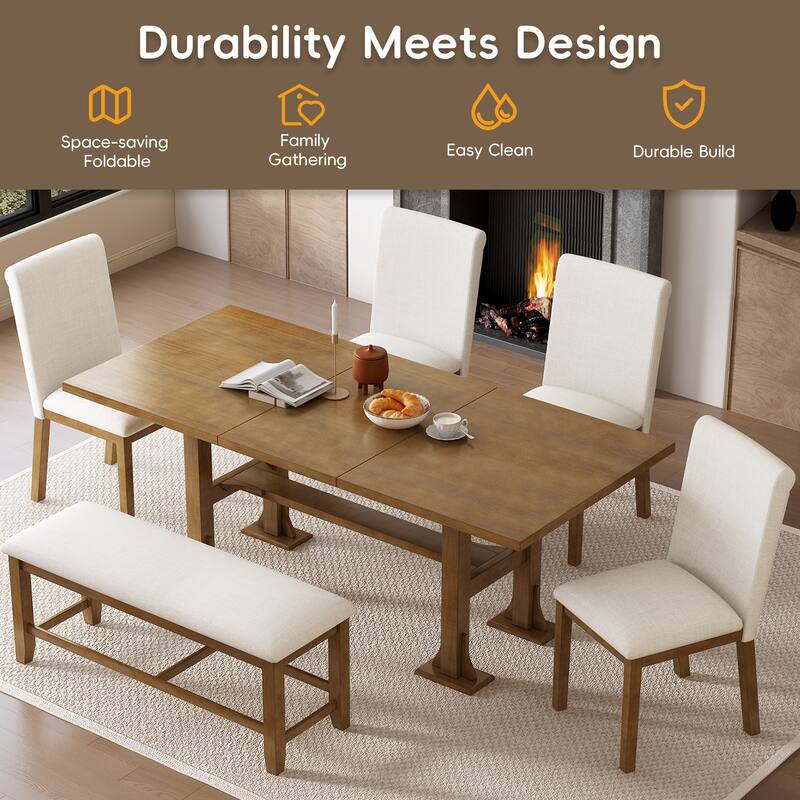 Farmhouse Style 6-Piece Extendable Dining Table Set with Removable Leaf and 4 Upholstered Chair and Bench