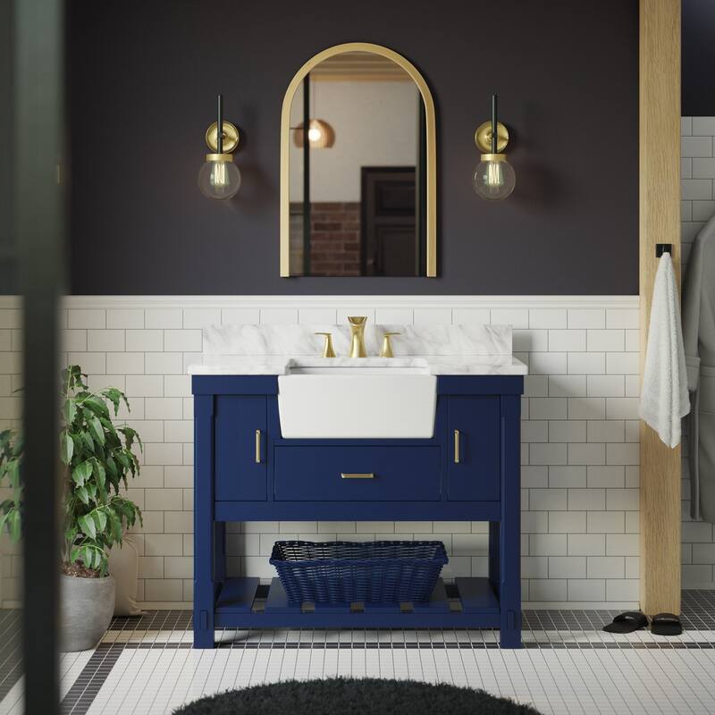 KitchenBathCollection Charlotte 42" Farmhouse Bathroom Vanity with Carrara Marble Top - Royal Blue