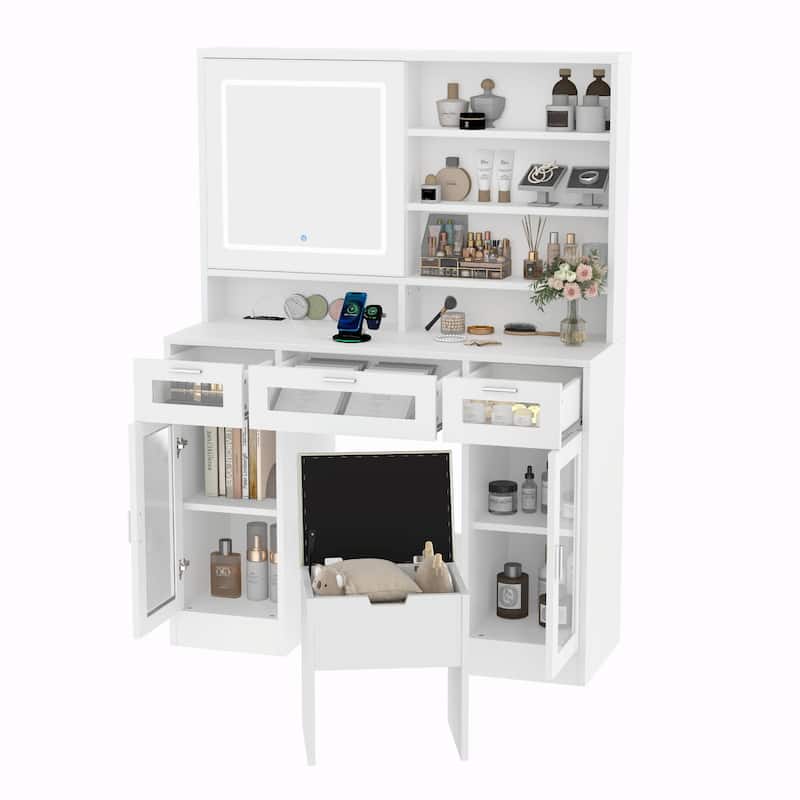 41.3" Makeup Vanity with Sliding Mirror & Lights - Dressing Table with 3 Drawers and 2 RGB Cabinets