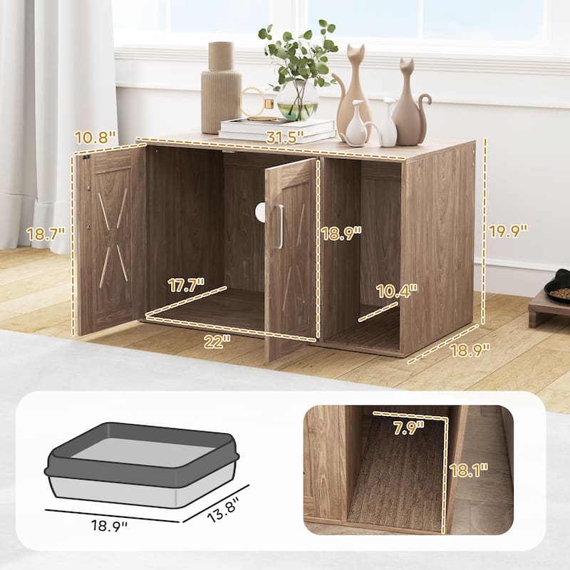 Walnut Brown Cat Litter Box Enclosure with Scratching Board and Barn Door Design Use as Side Table