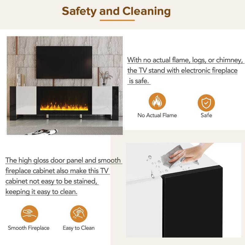Modern High Gloss Finish V Stand with 34.2" Non-heating Electric Fireplace, Entertainment Center with 2 Cabinets