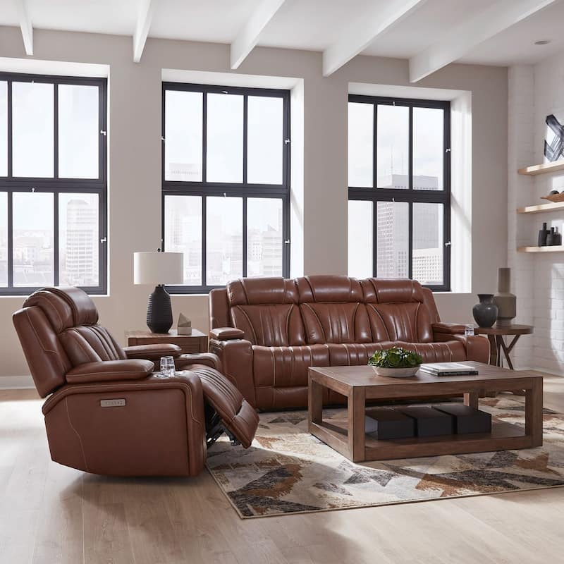 Liberty Furniture Caswell Living Room Leather Upholstery Sets - Recliner, Sofa, Loveseat - Sofa Recliner -Nature Chestnut Leather