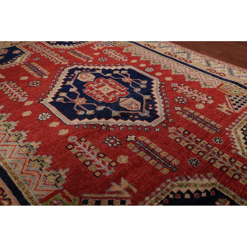 Vegetable Dye Geometric Heriz Oriental Rug Hand-Knotted Wool Carpet - 4'10" x 6'2"