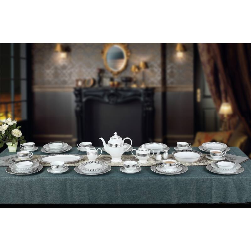57 Piece Black and White Dinnerware Set-New Bone China Service for 8 People