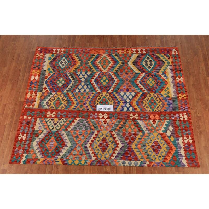 Multicolor Geometric Kilim Oriental Area Rug Hand-Woven Wool Carpet - 8'2" x 9'6"
