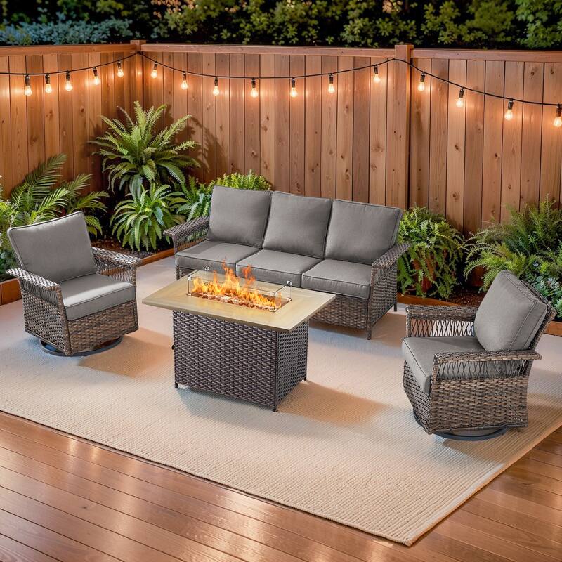 Pocassy 41 in Fire Pit Table with Patio Sofa Chair Funiture - Brown Wicker Gray Cushion - 4-Piece Sofa Swivel Chair with Fire Pit Table