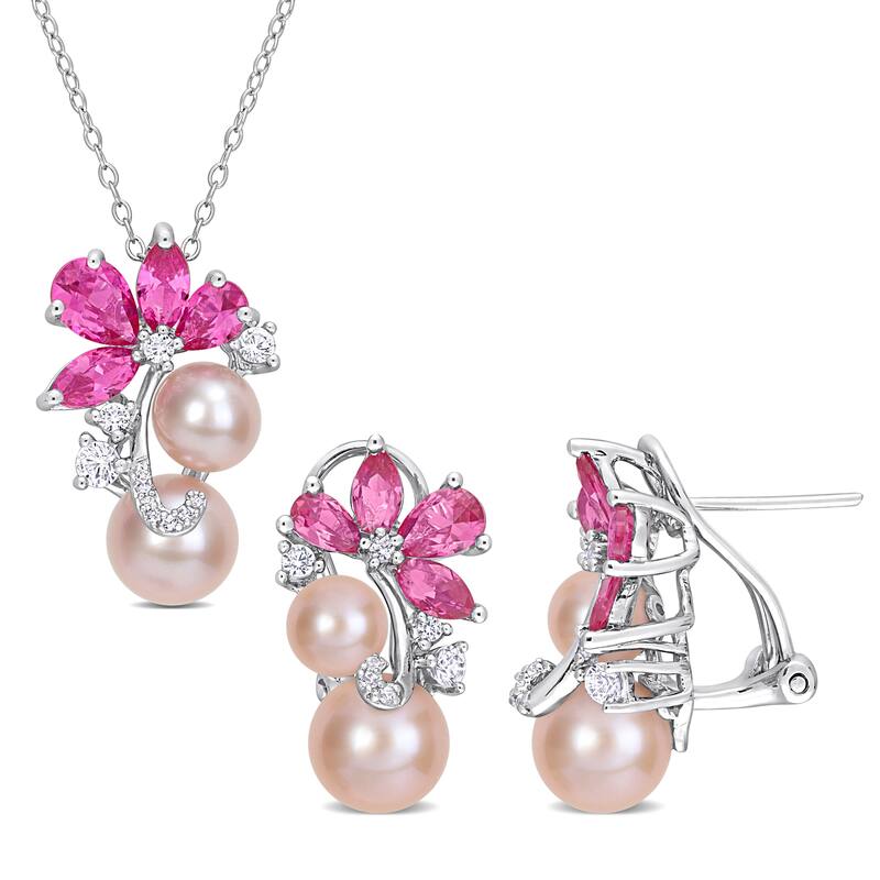 Miadora Pink Cultured Freshwater Pearl 7 3/8ct TGW Created Pink White Sapphire Jewelry Set Silver