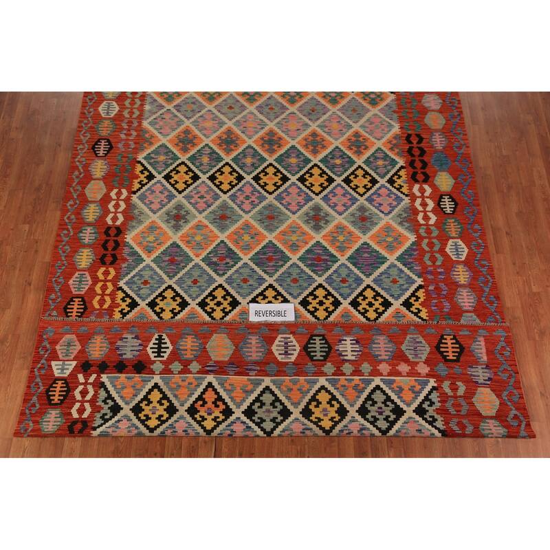 All-Over Trellis Kilim Oriental Area Rug Flatweave Wool Carpet - 8'6"x 11'9"