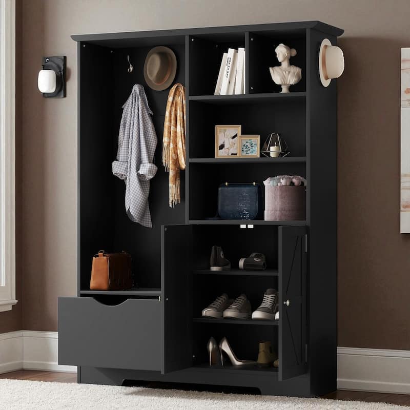 Multi-Functional Hall Tree with Shoe Cabinet, Bench, Shelves, Drawer & 5 Hooks, 52.7W x 73.2H Entryway Coat Rack - Black