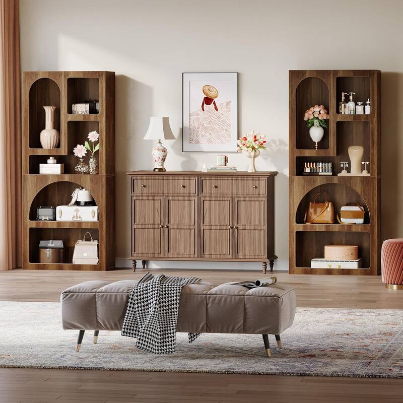 70” White Wood Bookshelf with 5 Storage Shelves for Living Room - Brown - 2 Pcs