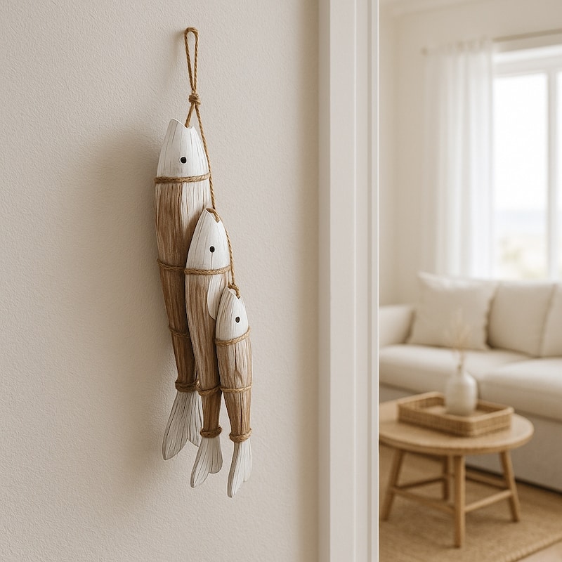 Decorative Wooden 3 Fish on Rope Figurine for Home Decor - 35", White - 35.0"